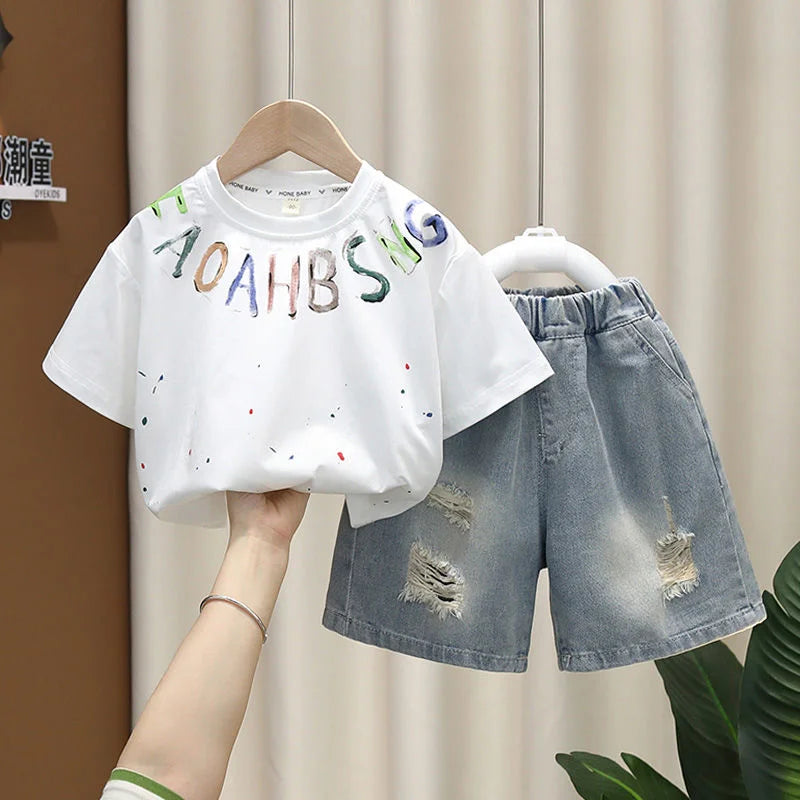 Korean Baby Boys Summer Sets Children's Clothing Short-Sleeved Letter T-Shirt & Denim Shorts Kids Boys Outfits Clothes 2-11Y