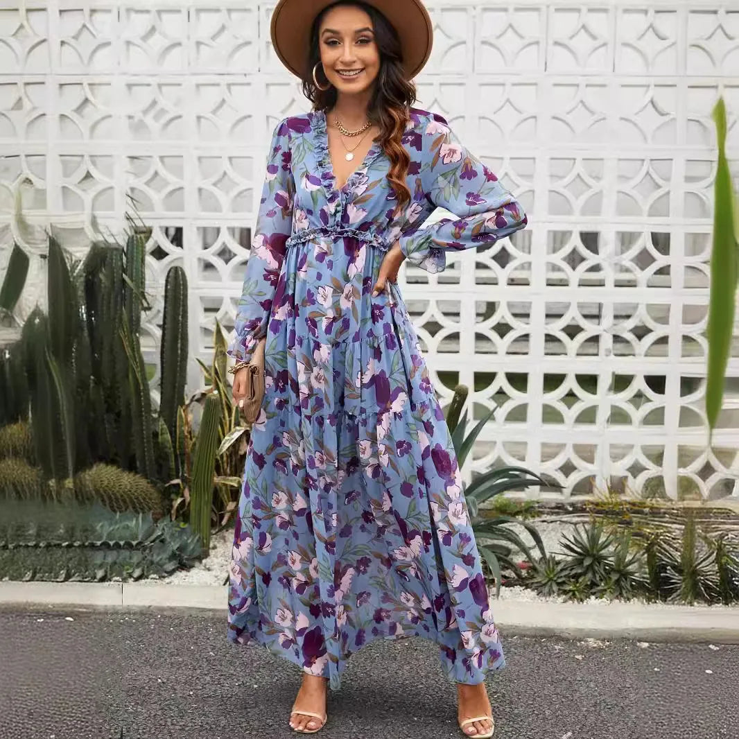 Elegant Floral Print Women Summer Casual Ruffle Layered Long Sleeved V-neck A Line Long Maxi Party Loose Boho Dresses