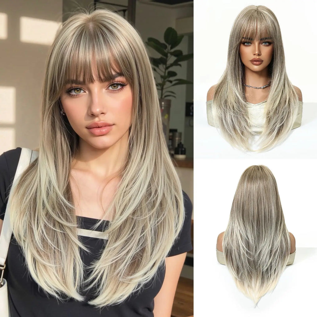 ALAN EATON Long Brown Highlight Synthetic Wigs Layered Straight Hair Wig Realistic Fake Hair for Daily Wear High Temperature Wig