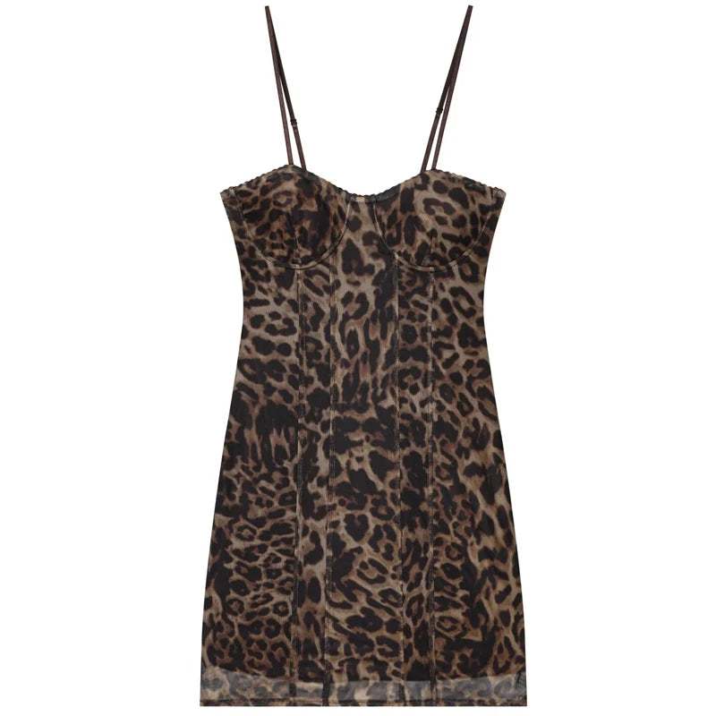 HXAO Women's Tulle Leopard Slip Dress Women's Dress Summer 2026 Mini Bustier Sleeveless Backless Dress Sexy Club Party Vestidos