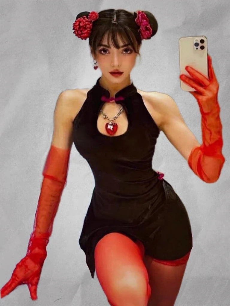 New Year Bar DS Performance Costume Sexy Gogo Leader Outfit Retro Red Black Splittytying Flag Robe Women's Stage Costume