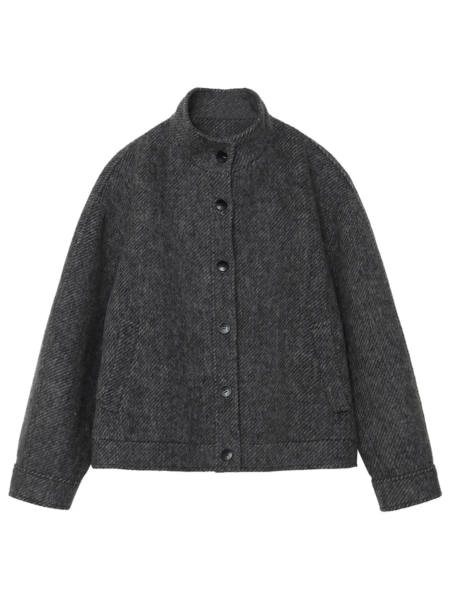CHIC VEN Women Short Woolen Coat New Stand Up Twill Texture Single Breasted Ladies Jacket Retro Woman Outwear Autumn Winter 2025