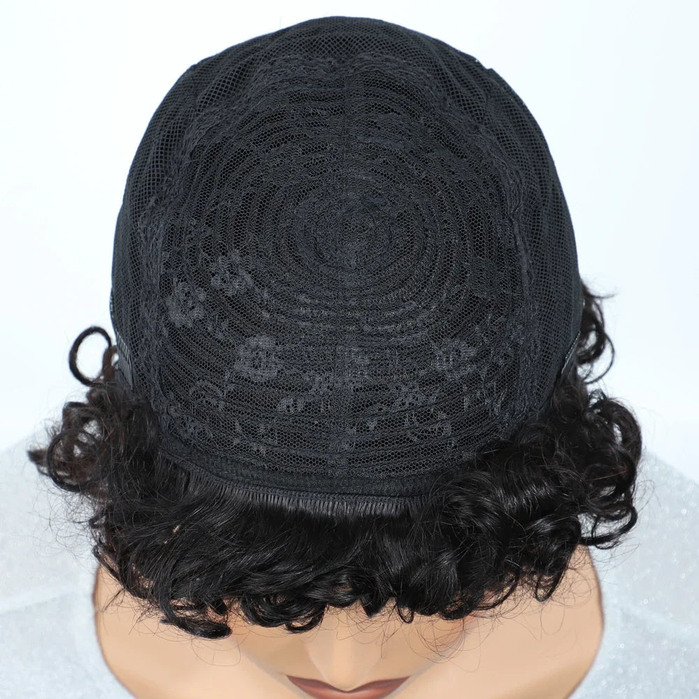 Brazilian Short Bob Pixie Afro Kinky Curly Wigs With Bangs For Black Women Natural Brown 99J Full Machine Made Human Hair Wigs