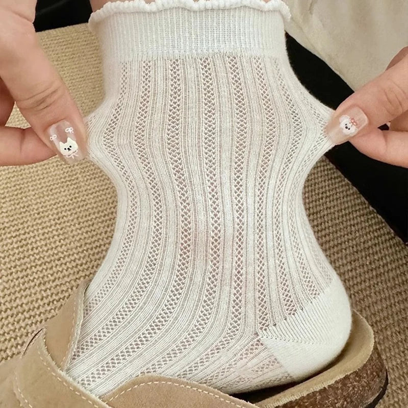 5/10 Pairs Women Solid Color Mesh Mid Tube Socks Summer Lightweight Breathable Fashionable Wavy Edge Ballet Style Casual Socks