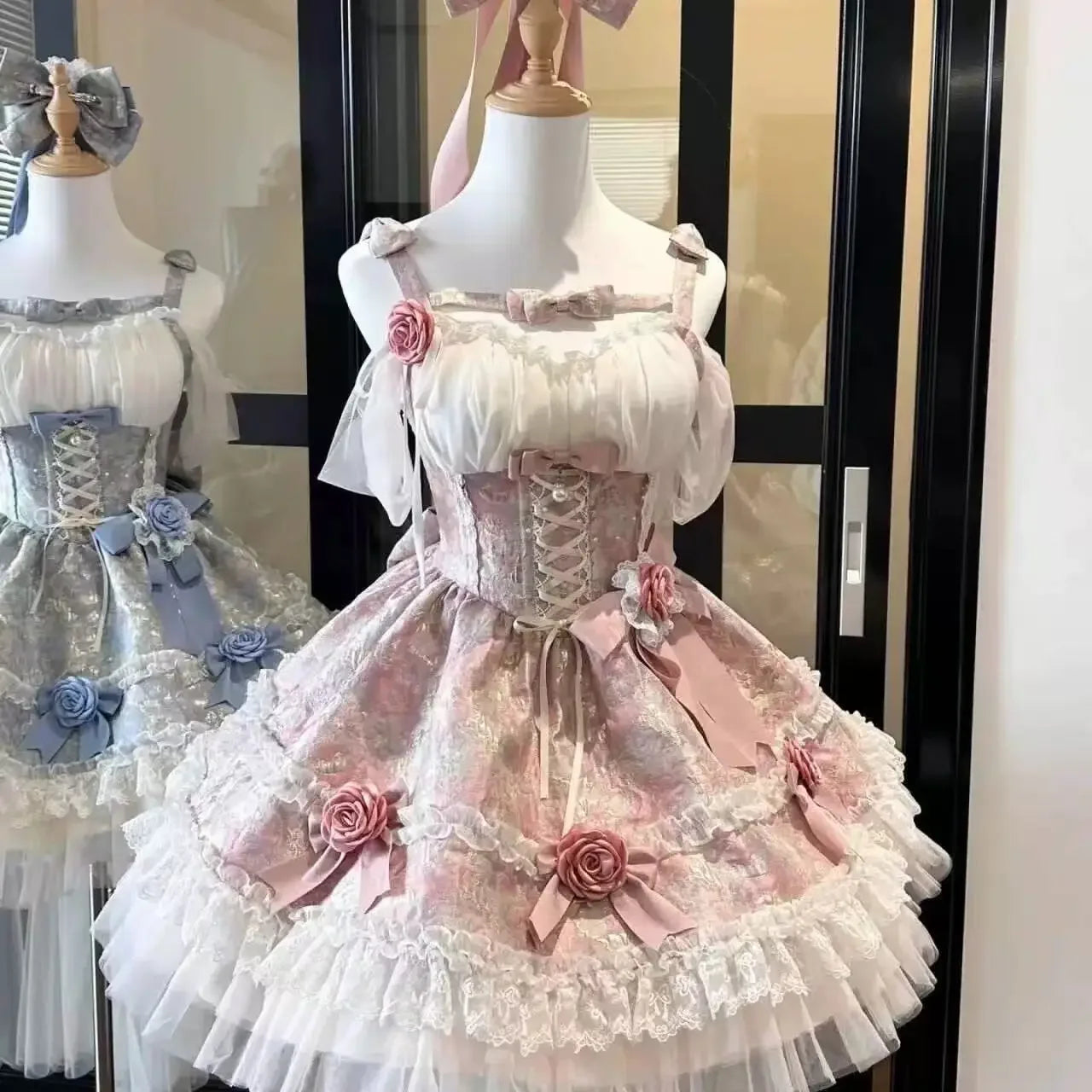 Gothic Red Lolita JSK Dress Women Spaghetti Strap Ruffle Tulle Skirt Chain Bow Decor High Low Hem Vintage Princess Party Dress