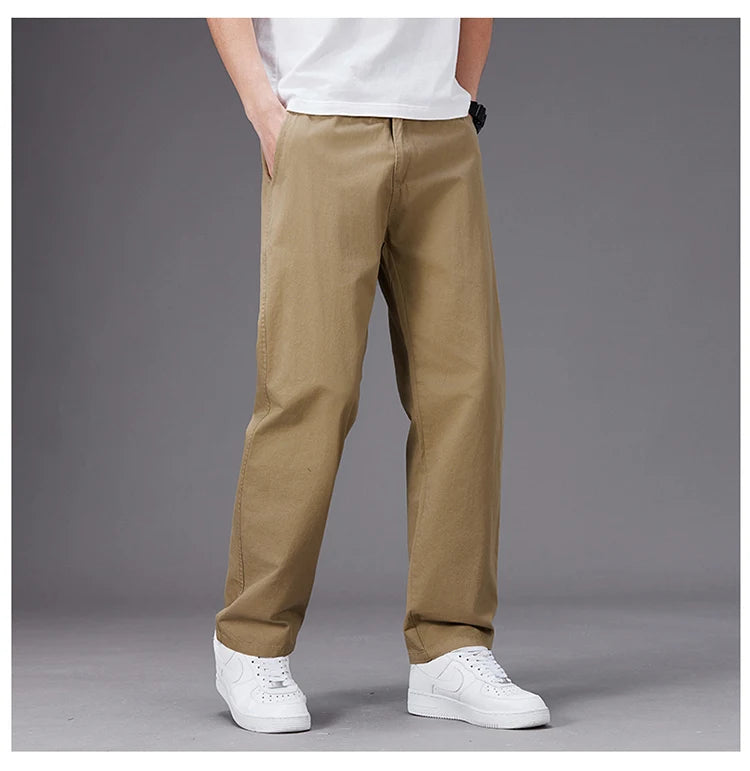 Big Size Casual Pants Men Elastic Waist Straight Leg Fit Summer Trousers Male Loose Cotton Work Wear Plus Large 6XL Khaki Light
