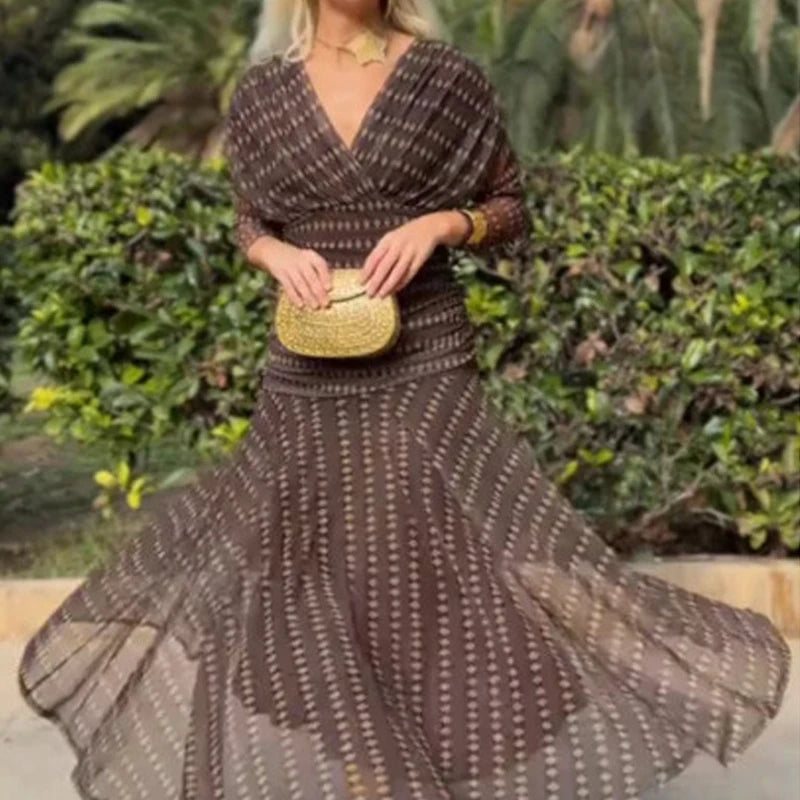 2025 Floral Print High Waist Pleat Party Dress Elegant Women Bat Sleeve Swing Party Dress Female Chest Low Cocktail A-Line Dress