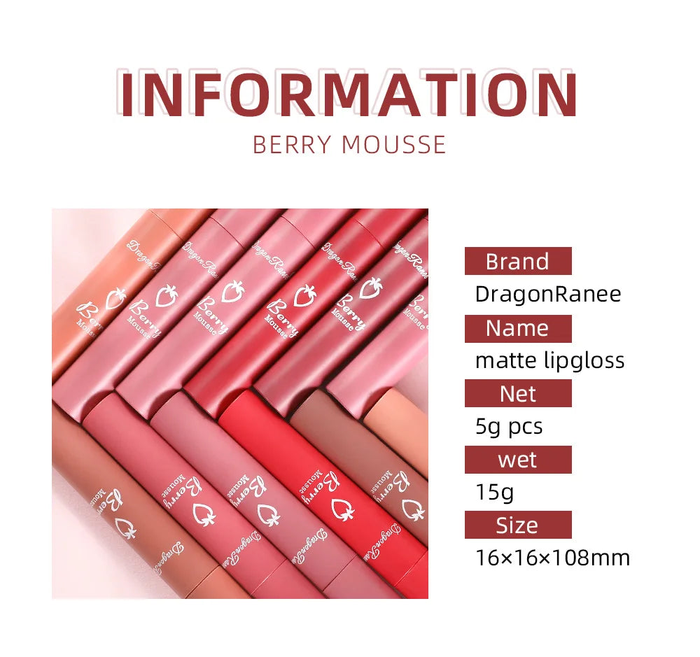 Dragon Ranee 12 Color Matte Lip Gloss Velvet Texture Waterproof Moisturize Lip Gloss Lasting Non-stick Cup Fashion Cosmetics 5ml