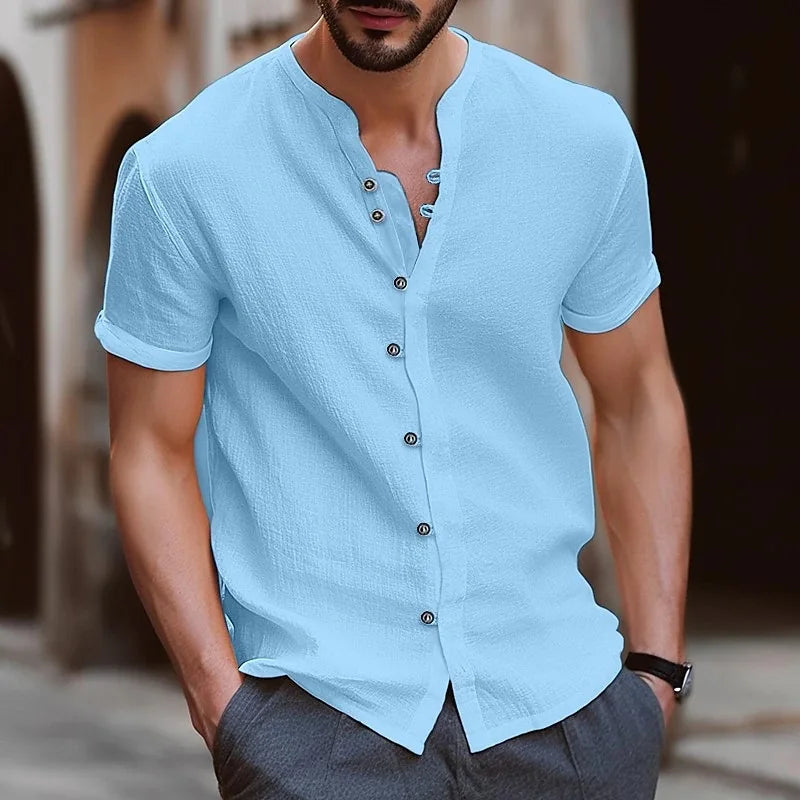 Men's Simple Texture Linen Round-neck Short-sleeve Button-down Solid-color Shirt, Comfortable and Casual Summer Daily Top