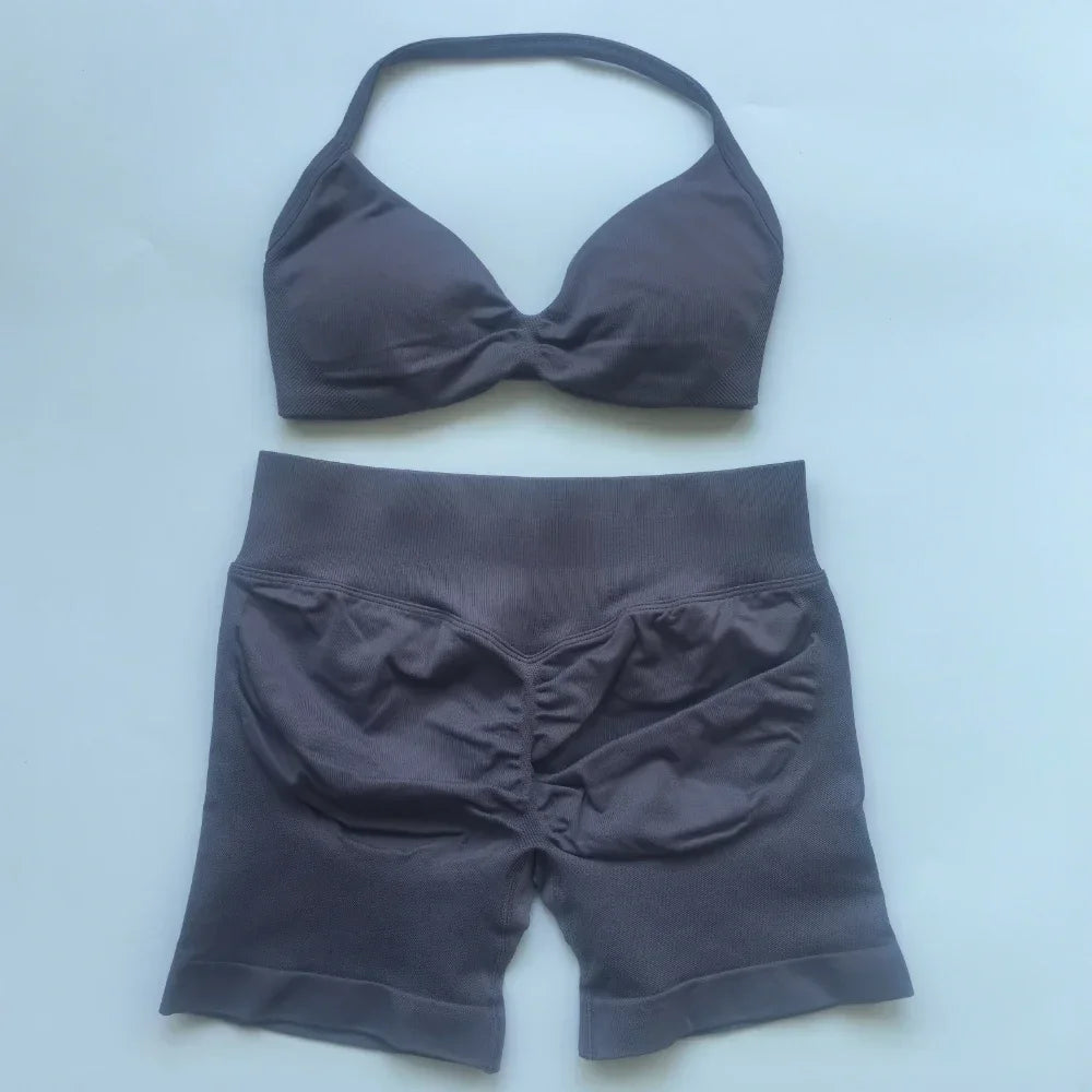 NO LOGO 2PCS Gym Set Women Strappy Yoga Bra Top High Waist Workout Scrunch Shorts Sports Suit Seamless Yoga Set Fitness Clothes