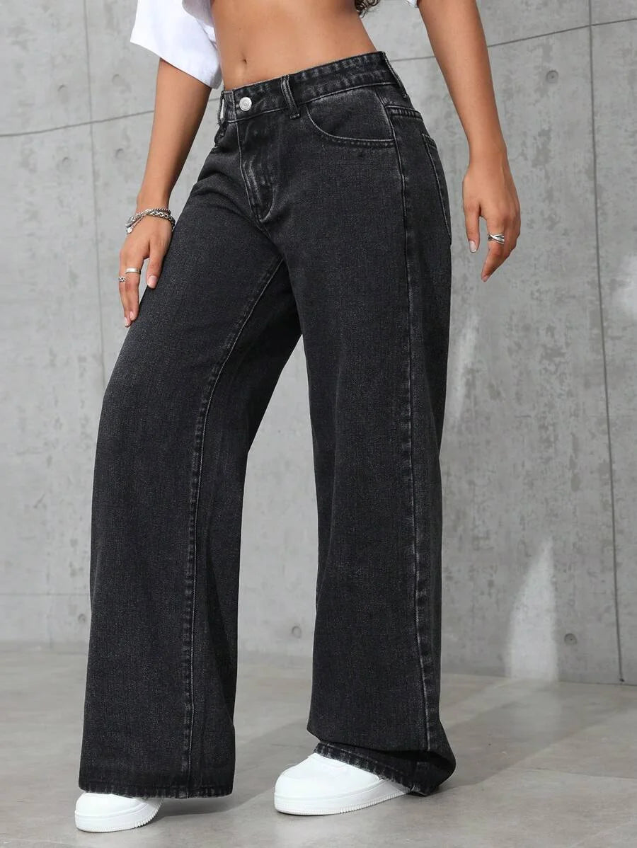 plus Size Women's Wide Leg Jeans Washed Elastic Casual Loose Fit Ladies Denim Pants Comfortable Stretchy Trousers