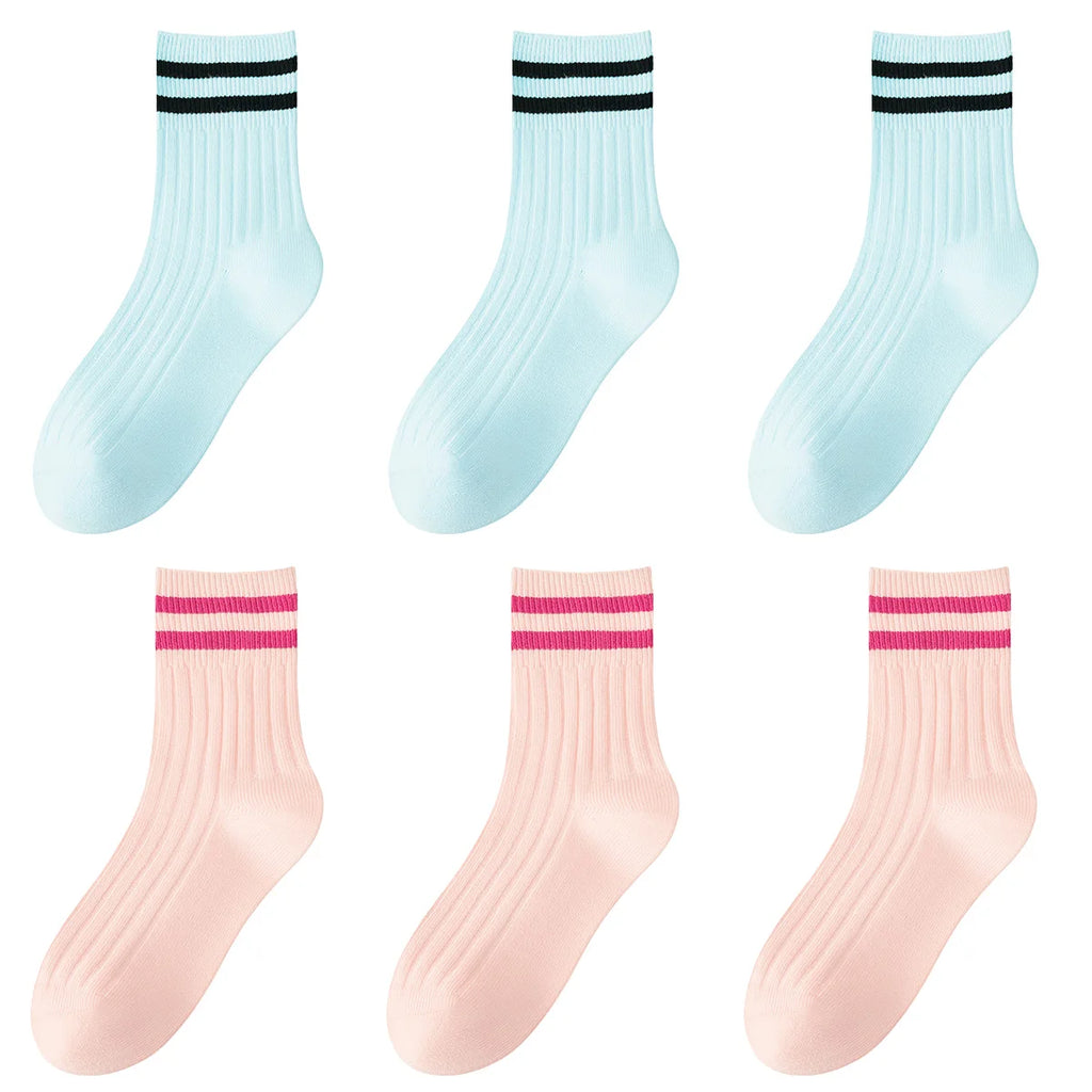 Kids Boys Girls Cotton Socks - Seamless Double Needle Ribbed 2-Stripe, Teens Students All Season School Home Sports Socks