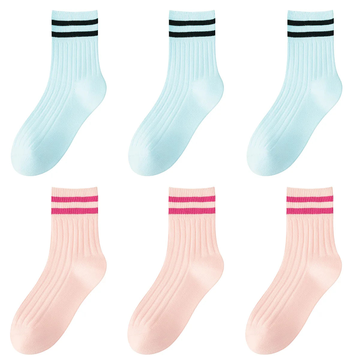 Kids Boys Girls Cotton Socks - Seamless Double Needle Ribbed 2-Stripe, Teens Students All Season School Home Sports Socks