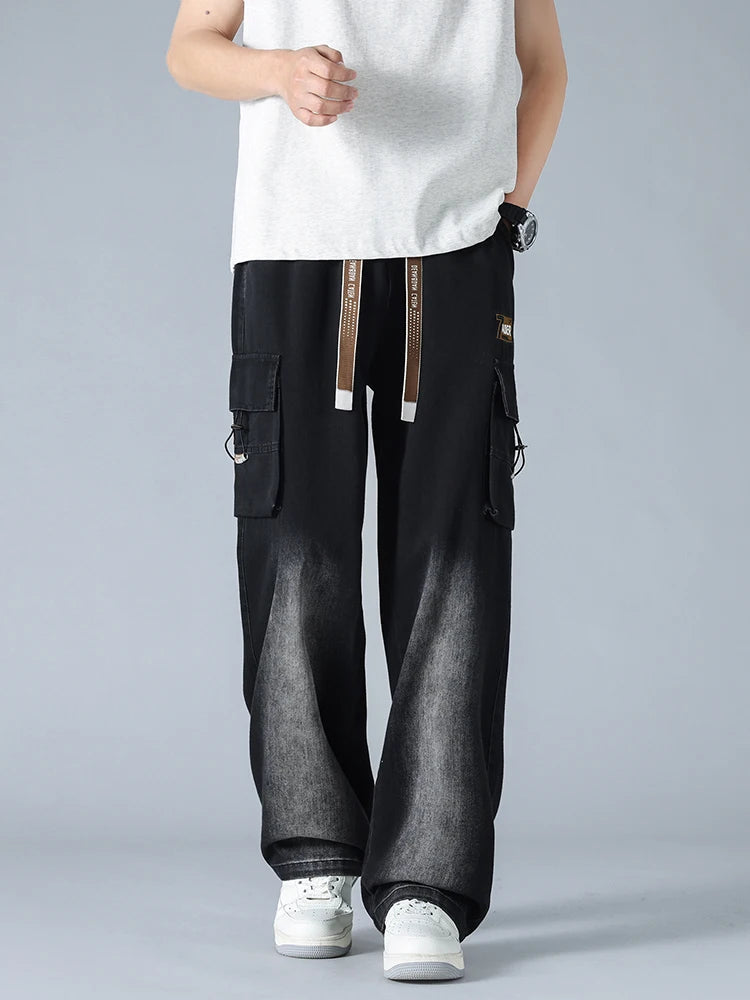 Summer Men's Straight Jeans Multi-Pockets Wide Leg Denim Cargo Pants 8XL 7XL 6XL Big Size Lightweight Baggy Jeans Trousers
