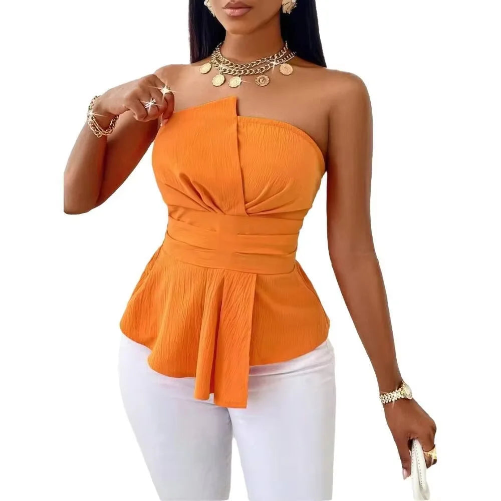 Elegant Peplum Strapless Top, Belted Wrap Waist Blouse for Vacation & Commute