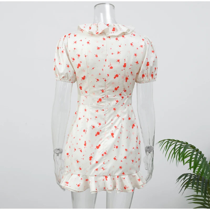 Elegant Floral Printed Mini Dress Women V-neck Short Sleeves Waist-cinching Ruffle Hem Dresses 2026 Lady Summer Vacation Gowns
