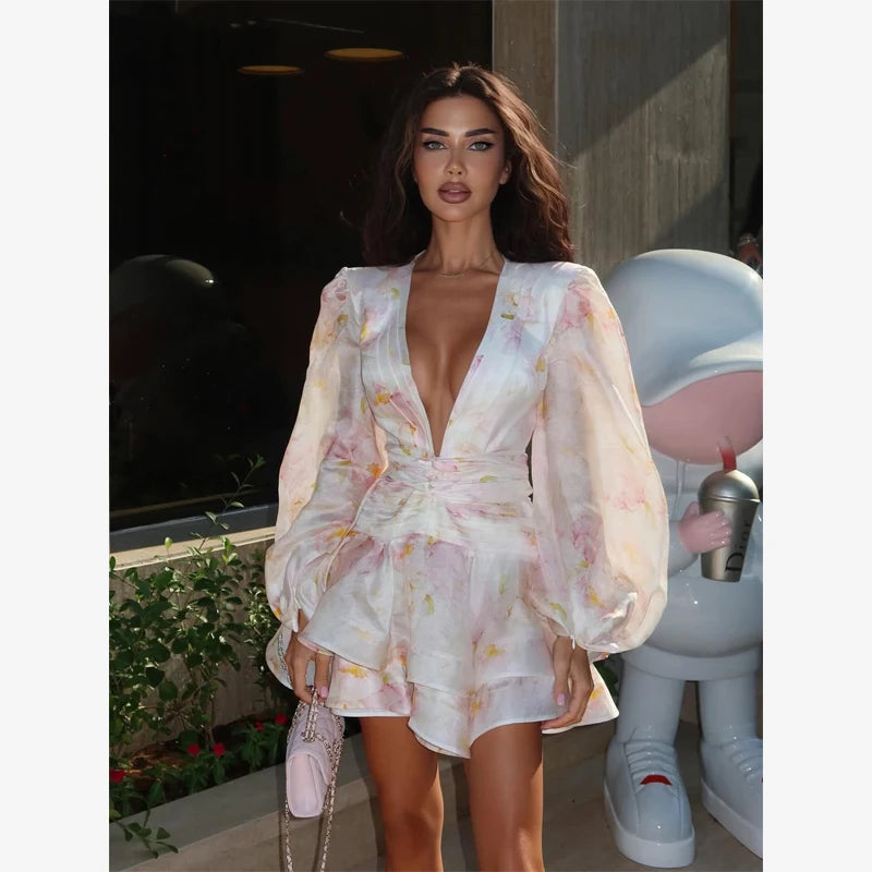 Fashion Organza Floral Printed Maxi Dress V-Neck Puff Sleeve 2026 Spring/Summer Romantic Women Party Gown Elegant Lady Vestido