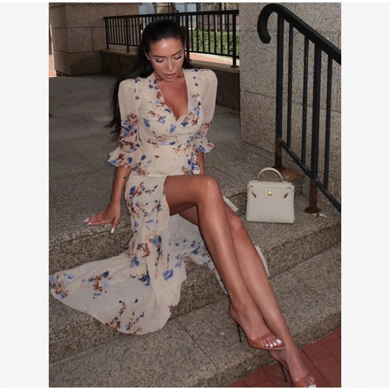 Organza Floral Printed Maxi Dress V-neck Puff Sleeve 2026 Spring/summer Romantic Women Party Gown Fashion Elegant Lady Vestido