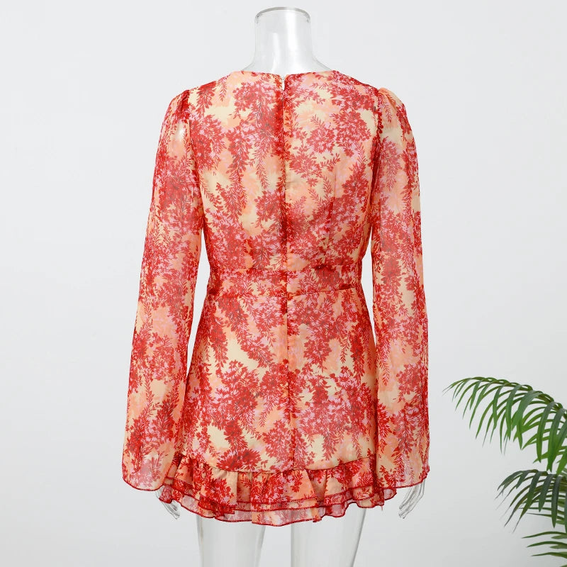 Sexy Pink Floral Print Ruffle Slim Short Dress Women Elegant V-neck Pleated Puff-sleeve Ruched Dresses Lady Party Club Robe New