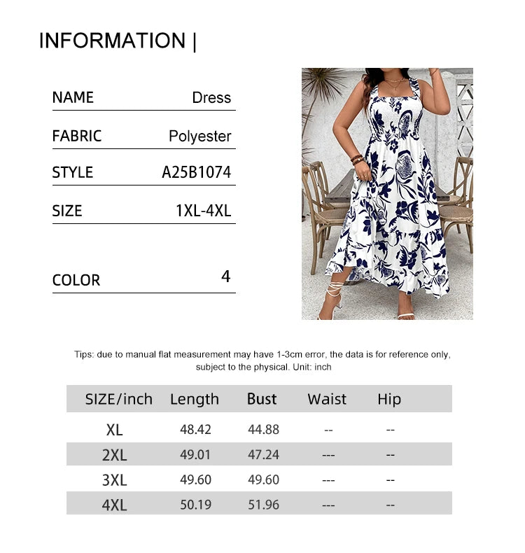 Plus Size 2025 Summer New Holiday Floral Halter Dress with Ruffle Hem and Gathered Bust Plus Size Dress Polyester