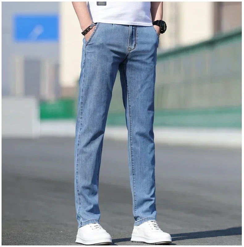 2025 Summer New Men's Loose Gray Jeans Fashion Casual Stretch Straight-leg Denim Pants Male Light Blue Men's Trousers