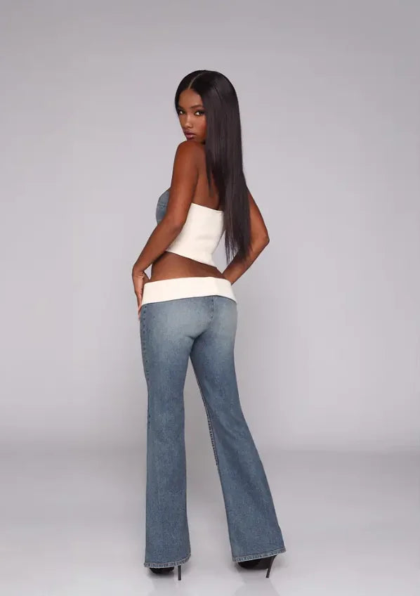 Y2K New Vintage Style Flare Jeans Women Low Waist Stretch Denim Pants With Contrast Waistband Casual Streetwear Trousers