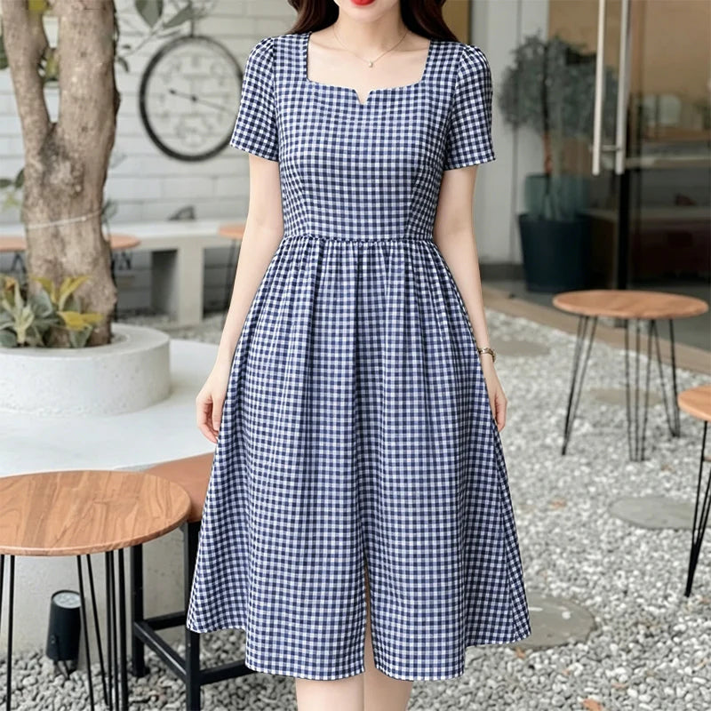 Women Summer Plaid Dress 2026 ZANZEA Elegant Square Neck Short Sleeve Midi Dresses Casual Work Vestidos Stylish Holiday Sundress