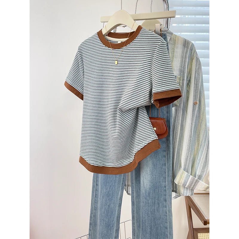 2026 New Women's Loose Fit Casual Stripe Short Sleeve T-Shirt Comfortable Breathable Cotton Polyester Blend Summer Top