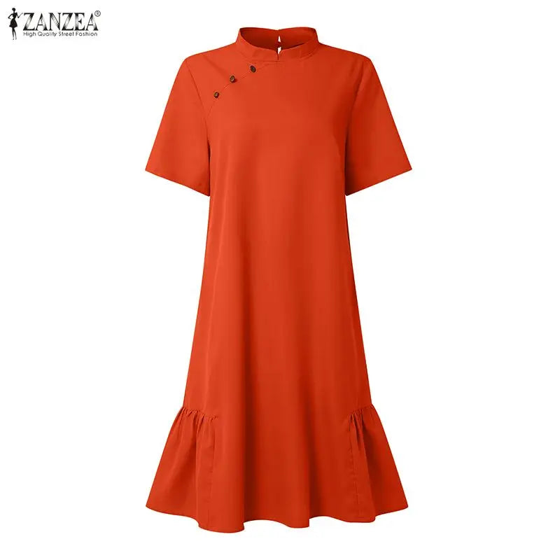 2026 ZANZEA Fashion Women Short Sleeve Shirt Dresses Stand Collar Solid Knee-Length Casual Sundress Summer Office Lady Vestidos