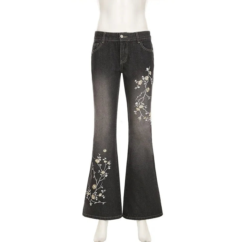 Floral Embroidery Jeans Vintage 2000s Low Rise Flared Jeans Women Retro Y2k Baggy Denim Pants High Street Basic Trousers
