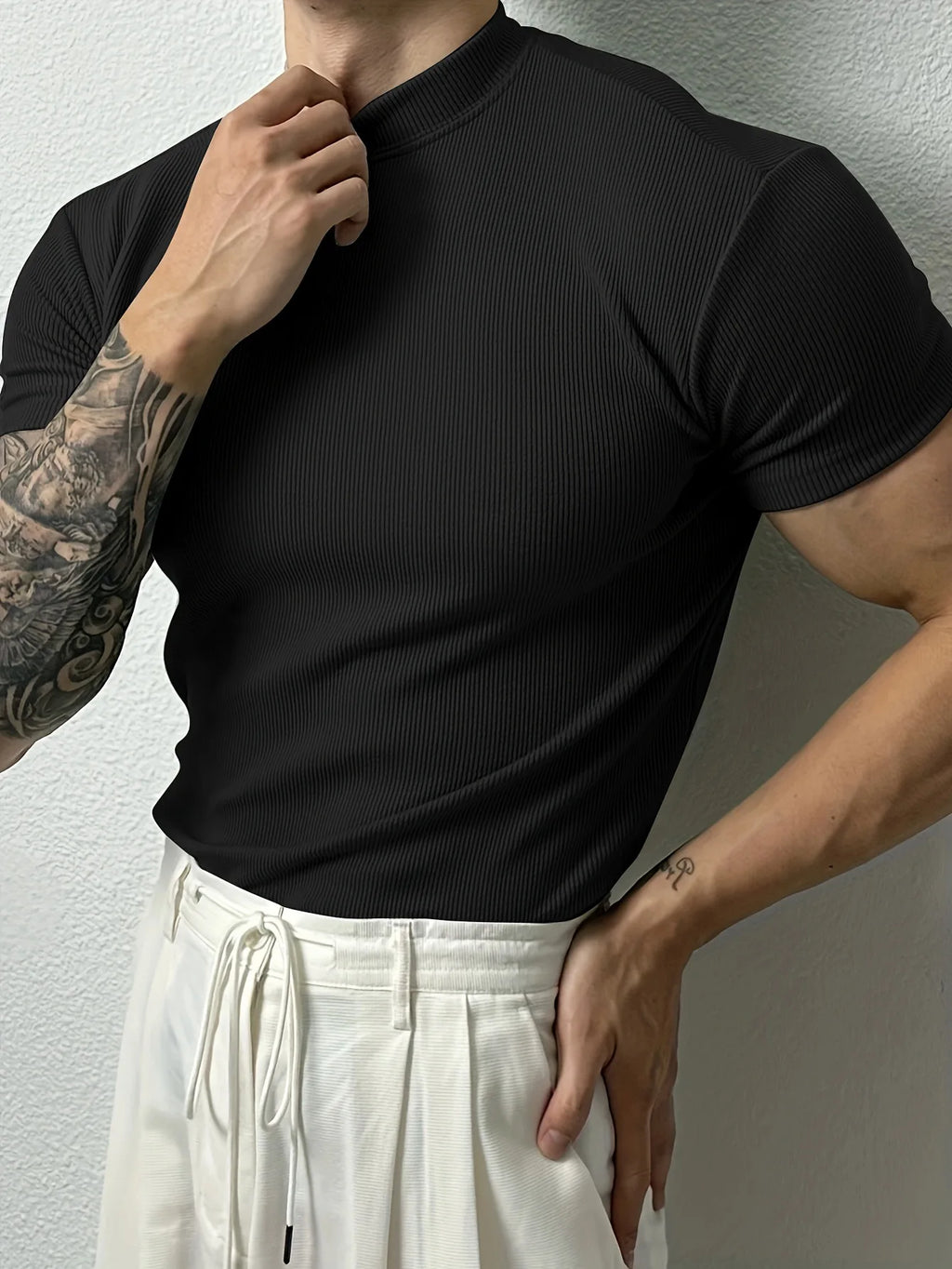 2026 New fashion Men's T-shirt Small high collar stripe shirt short sleeve fitness top leisure sport T-shirt Men sportswear
