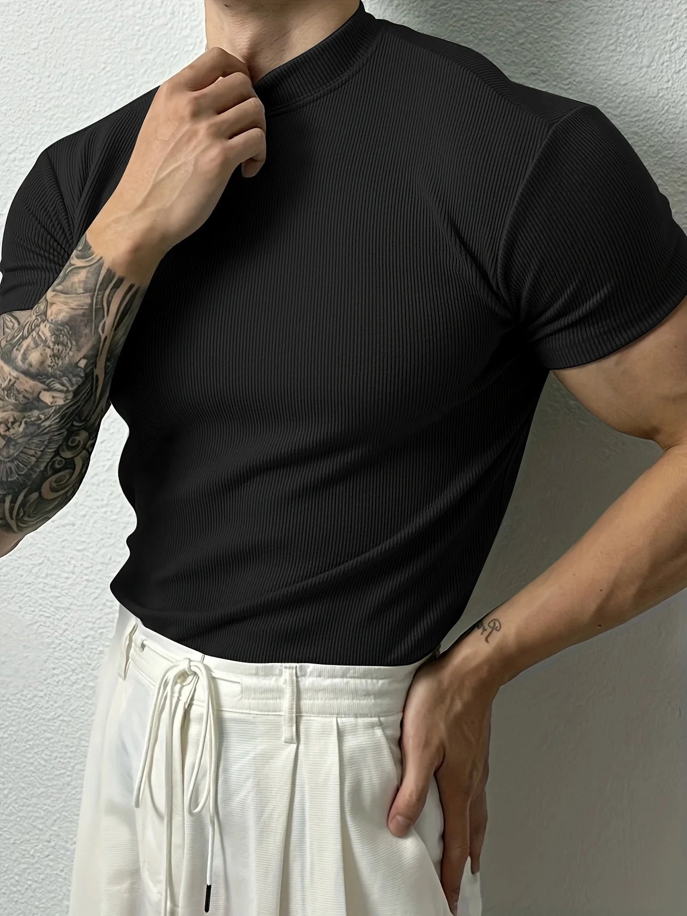 2026 New fashion Men's T-shirt Small high collar stripe shirt short sleeve fitness top leisure sport T-shirt Men sportswear