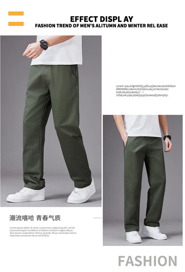 Big Size Casual Pants Men Elastic Waist Straight Leg Fit Summer Trousers Male Loose Cotton Work Wear Plus Large 6XL Khaki Light