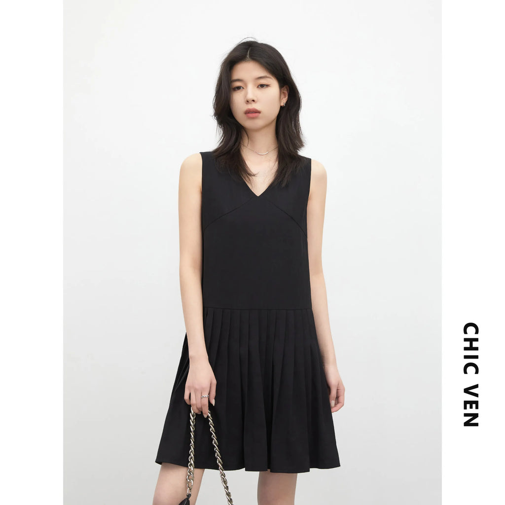 CHIC VEN Fashion Women Dresses Solid A Line Loose Casual V-neck Sleeveless Female Dress Mid-length Spring Summer 2026