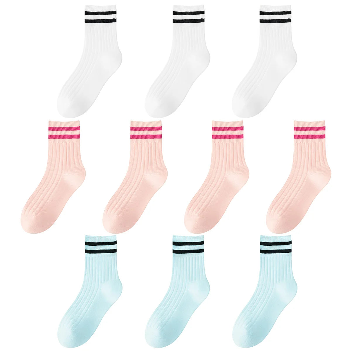 Kids Boys Girls Cotton Socks - Seamless Double Needle Ribbed 2-Stripe, Teens Students All Season School Home Sports Socks
