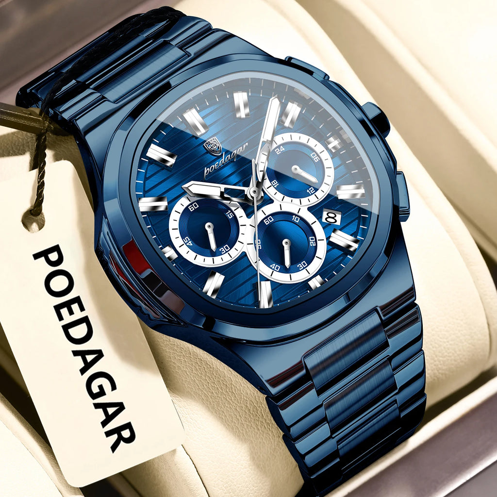 POEDAGAR Business Man Wristwatch Date Chronograph Waterproof Luminous Luxury Men Watch Stainless Steel Quartz Men's Watches Male