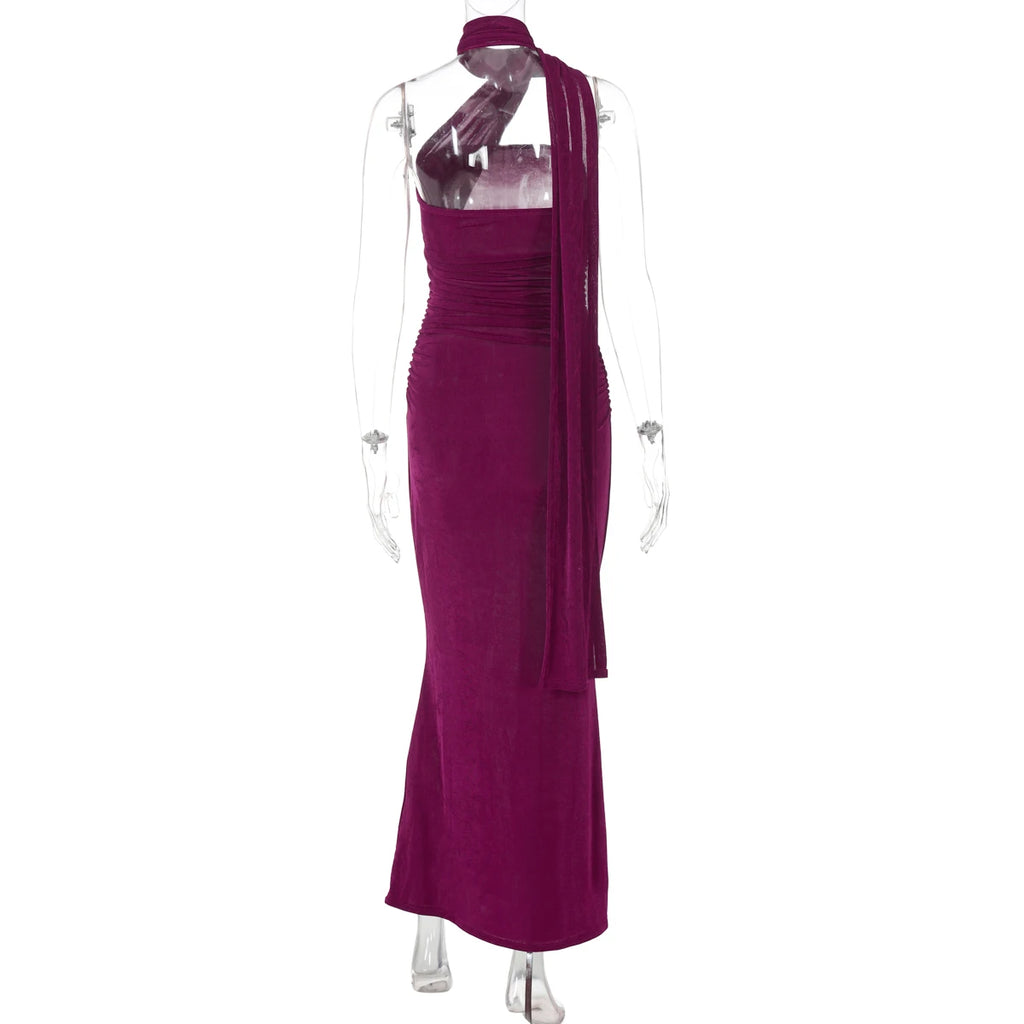 Hugcitar Halter Solid Sleeveless Backless Ruched Sexy Bodycon Maxi Prom Dress Summer Women Elegant Outfit Evening Party Birthday