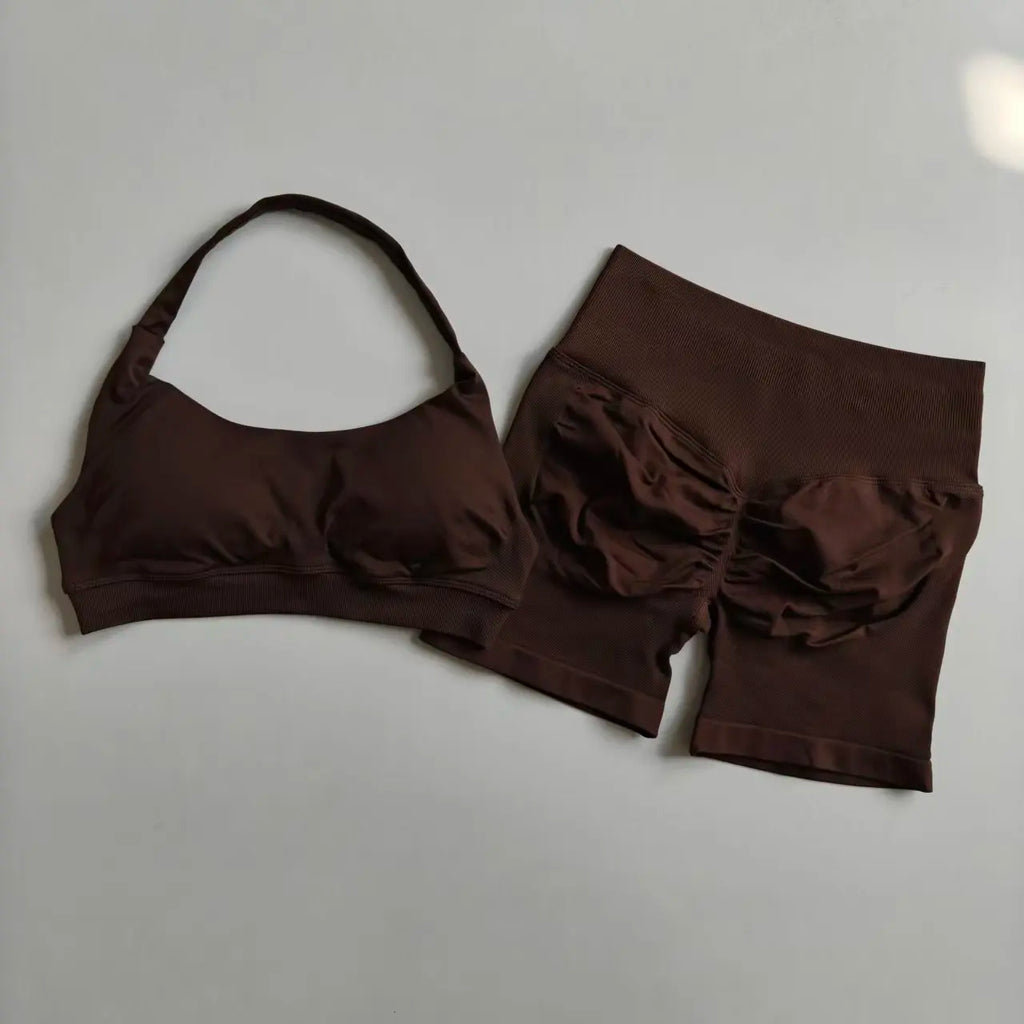2PCs Peach High Waist Belly Hip Lifting Sports Bras Shorts Suit Gathering Shock-proof Neck Halter Yoga Suit Running Fitness Set