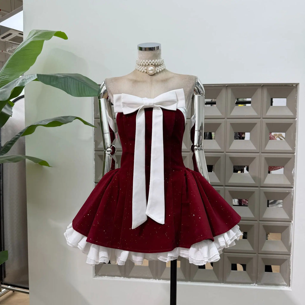 Women Sexy Strapless Backless Polka Dot Bow A Line Dress Party Birthday Evening Ball Gowns Nightclub Show Wear Fashion Vestido