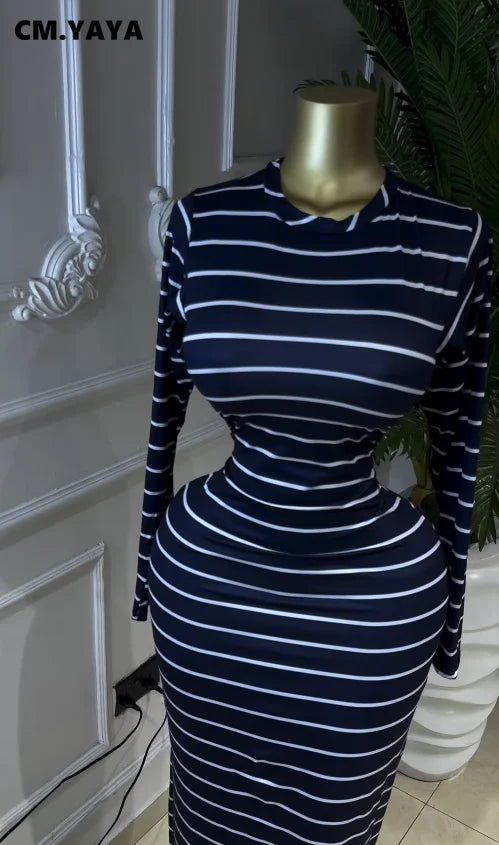 CM.YAYA Women Long Sleeve Striped Print O-neck Long Maxi Dress 2026 Summer Vacation Casual Evening Sexy Party Dresses Vestidos