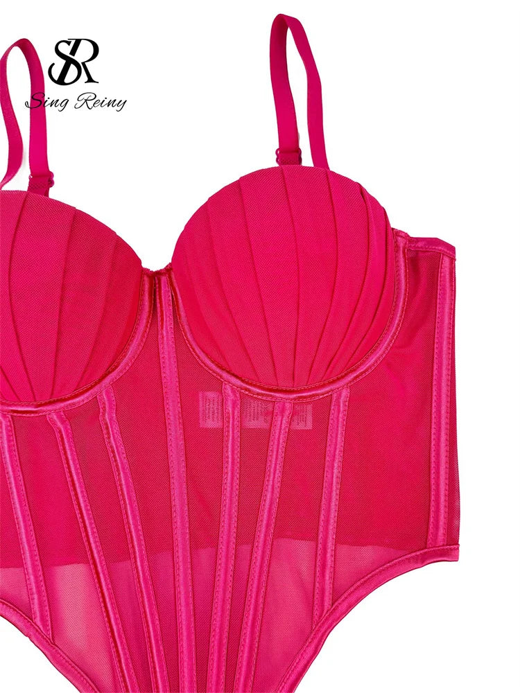 SINGREINY Fashion Solid Corset Lingerie Top Ladies Strap Sheer Mesh Slim Camisole American Retro Backless Beach Sexy Tank Top