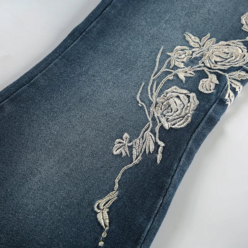 Retro Y2k Jeans Baggy Floral Embroidery Jeans Women Vintage 2000s Low Rise Flared Denim Pants High Street Basic Trousers