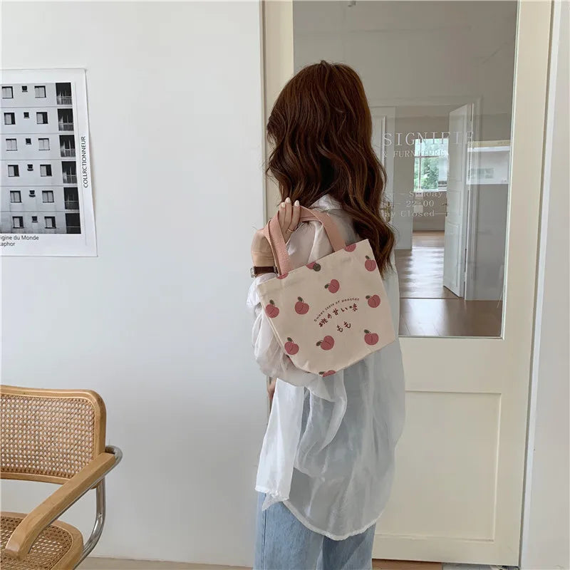 Small Canvas Women Tote Food Bag Japanese Peach Hand Lunch Bag Korean Mini Student Handbags Cotton Cloth Picnic Travel Bento
