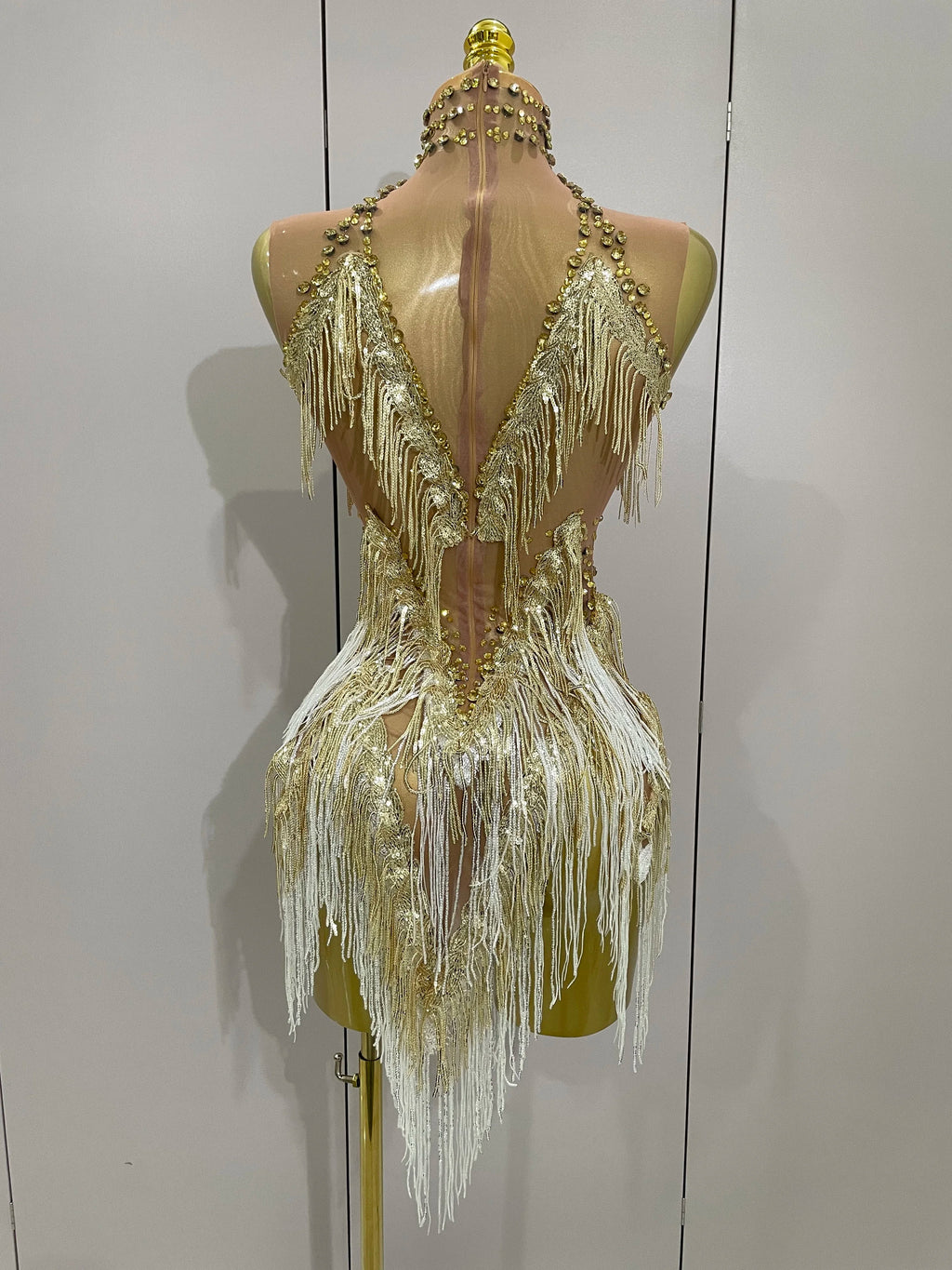 Stock 2025 Women Sexy Stretch Mesh Sparkly Rhinestone Tassels Mini Dress Nightclub Singer Dance Stage Costume Evening Gowns