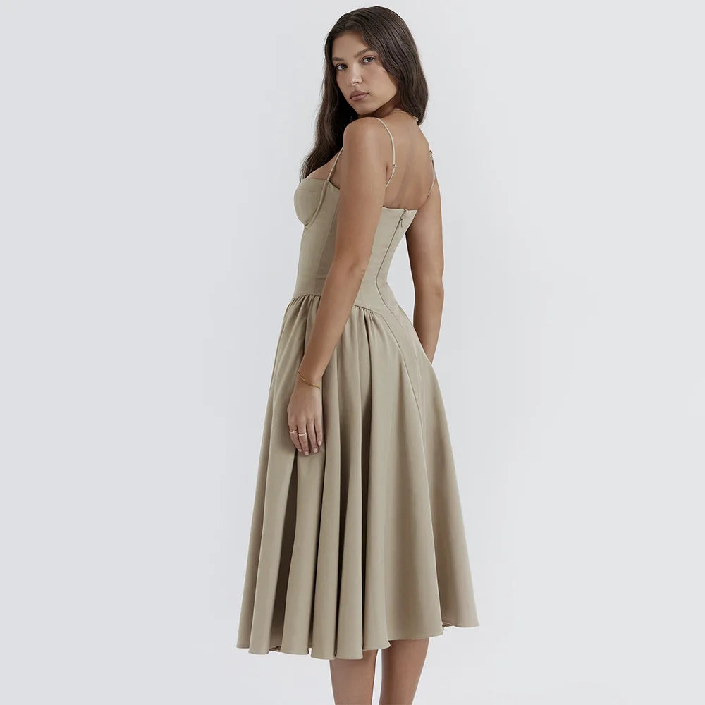 Summer Women Elegant Sleeveless Backless Pleated Dresses Lady Sexy Solid Sling Midi Dress 2024 Female Party Evening A-line Robes