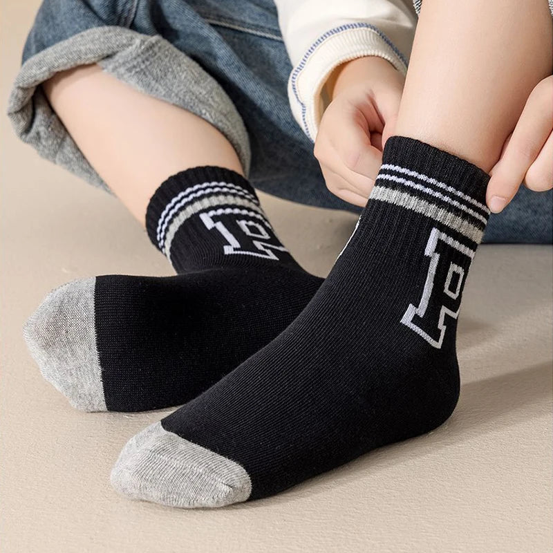 5 Pairs Letter Children Boys Sports Socks High Quility Cotton Combed Comfortable Soft Sweat Absorbing Elastic Mid-calf Kids Sock