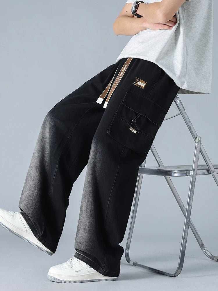Summer Men's Straight Jeans Multi-Pockets Wide Leg Denim Cargo Pants 8XL 7XL 6XL Big Size Lightweight Baggy Jeans Trousers
