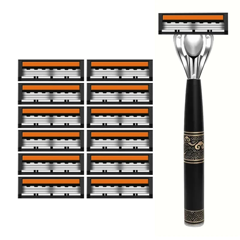 Men's 3-Blade Manual Razor with Non-Slip Handle and Multiple Replacement Blades - Ideal for Trimming Beards and Mustaches