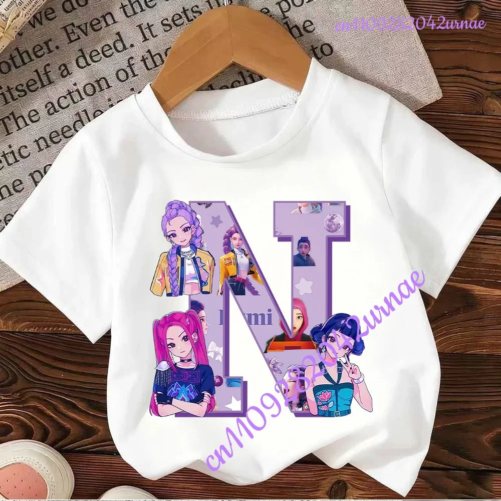 Kpop Demon Hunters Letter A-Z T-shirt Kawaii Rumy Birthday Tops Party Wear Girls Tee Summer Short Sleeve Cotton Kid Clothes