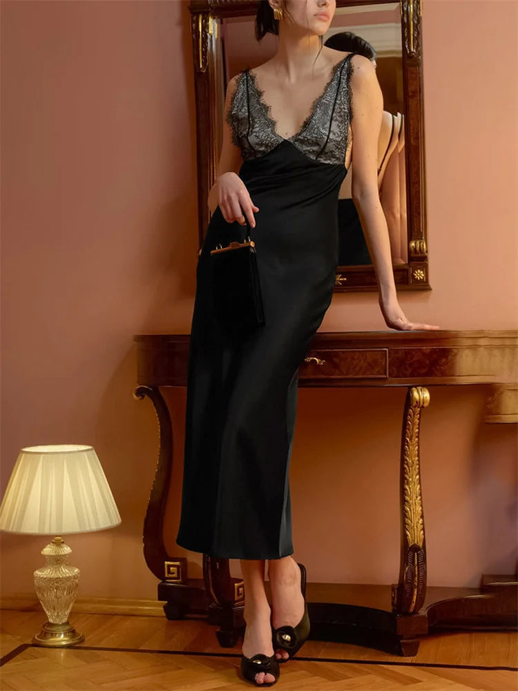Tossy Lace V-Neck Printed Long Dress Women's Patchwork High Waist Slim Backless Summer 2026 New Dress Female Party Dress Gown